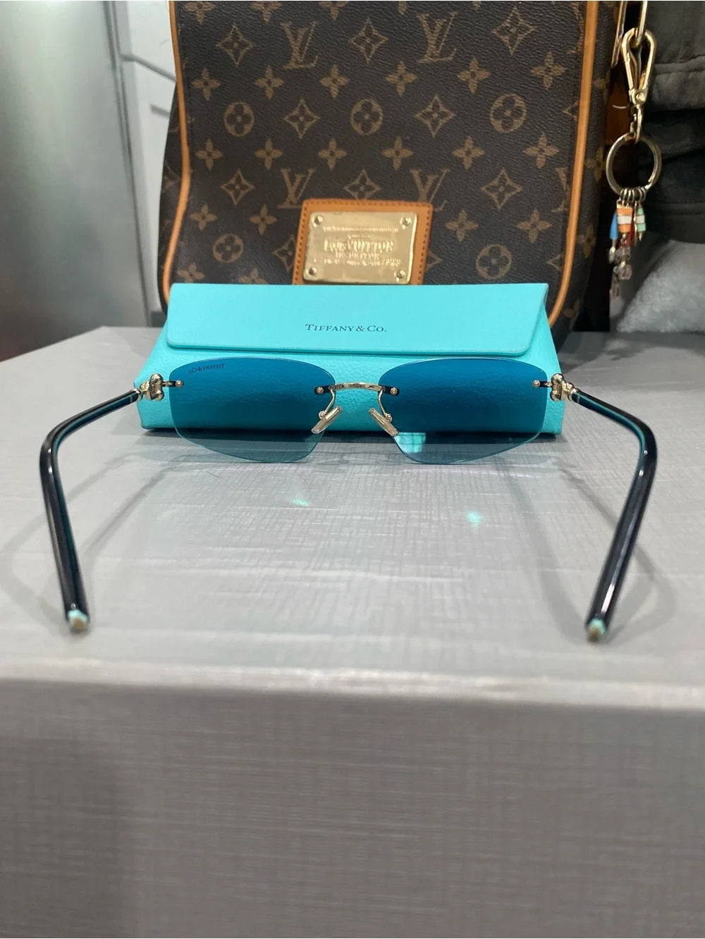 Tiffany & Co. TF 3114 Rectangle Rimless Sunglasses Blue w Tiff Case